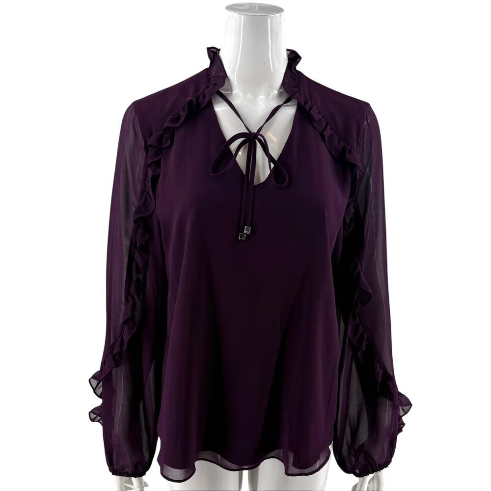 Calvin Klein Womens Top Size Large Purple Ruffle Tie Neck Long Sleeve Blouse